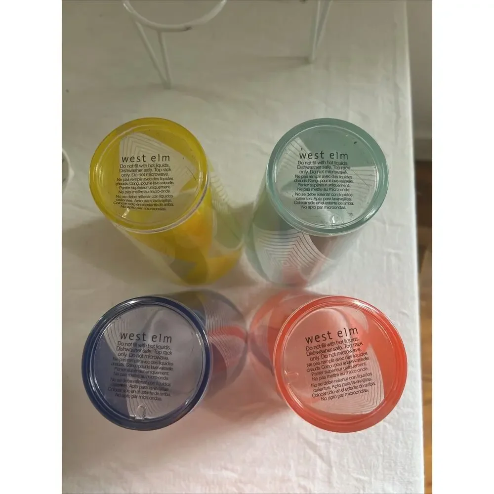 New West Elm Drink Caddy Set With 4 Cups - Blue, Yellow, Blue & Pink
